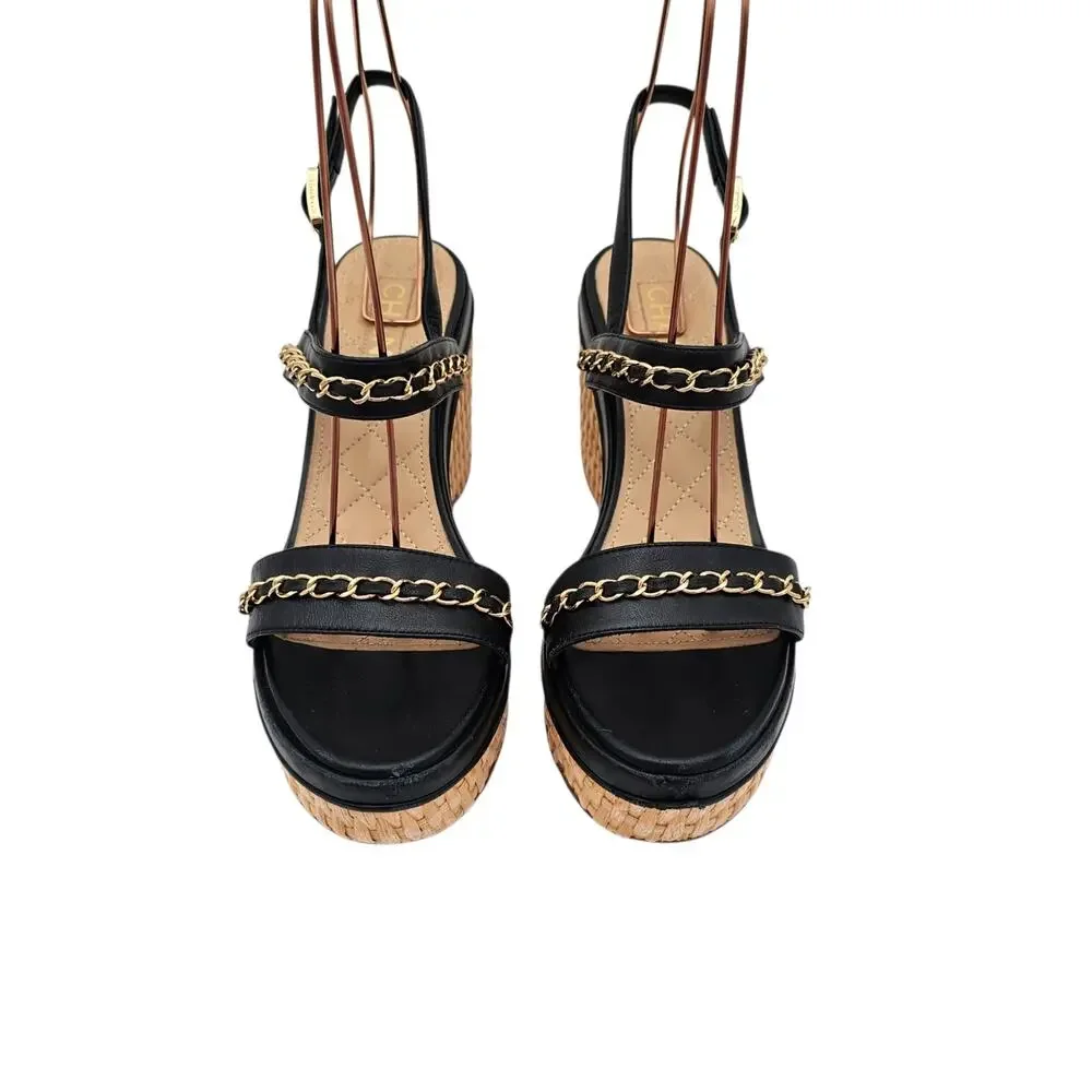 Chanel CC Chain Black Leather Platform Wedge Sandal Gold Brown Size 39 8 8.5